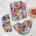 Load image into Gallery viewer, Australian Floral Baby Gift Set – Handmade baby essentials featuring a vibrant native floral print. Includes a dribble bib, burp cloths, and washcloths, made from soft cotton and absorbent towelling for ultimate comfort and practicality.
